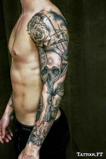 tatouage bras homme noir et blanc