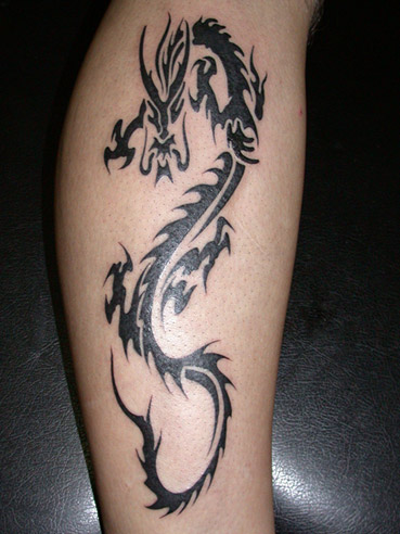 tatouage mollet tribal dragon